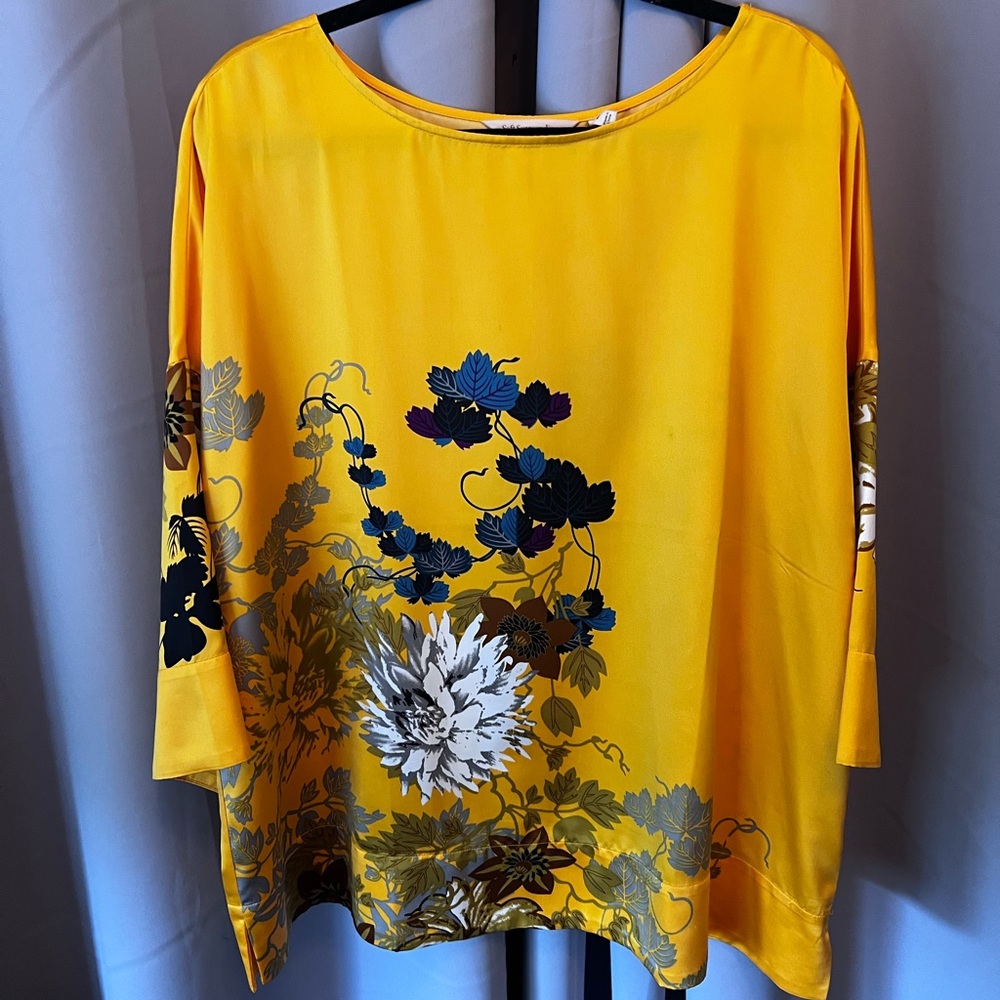 Soft Surroundings Yellow Blue 3/4 Sleeve Boxy Blouse